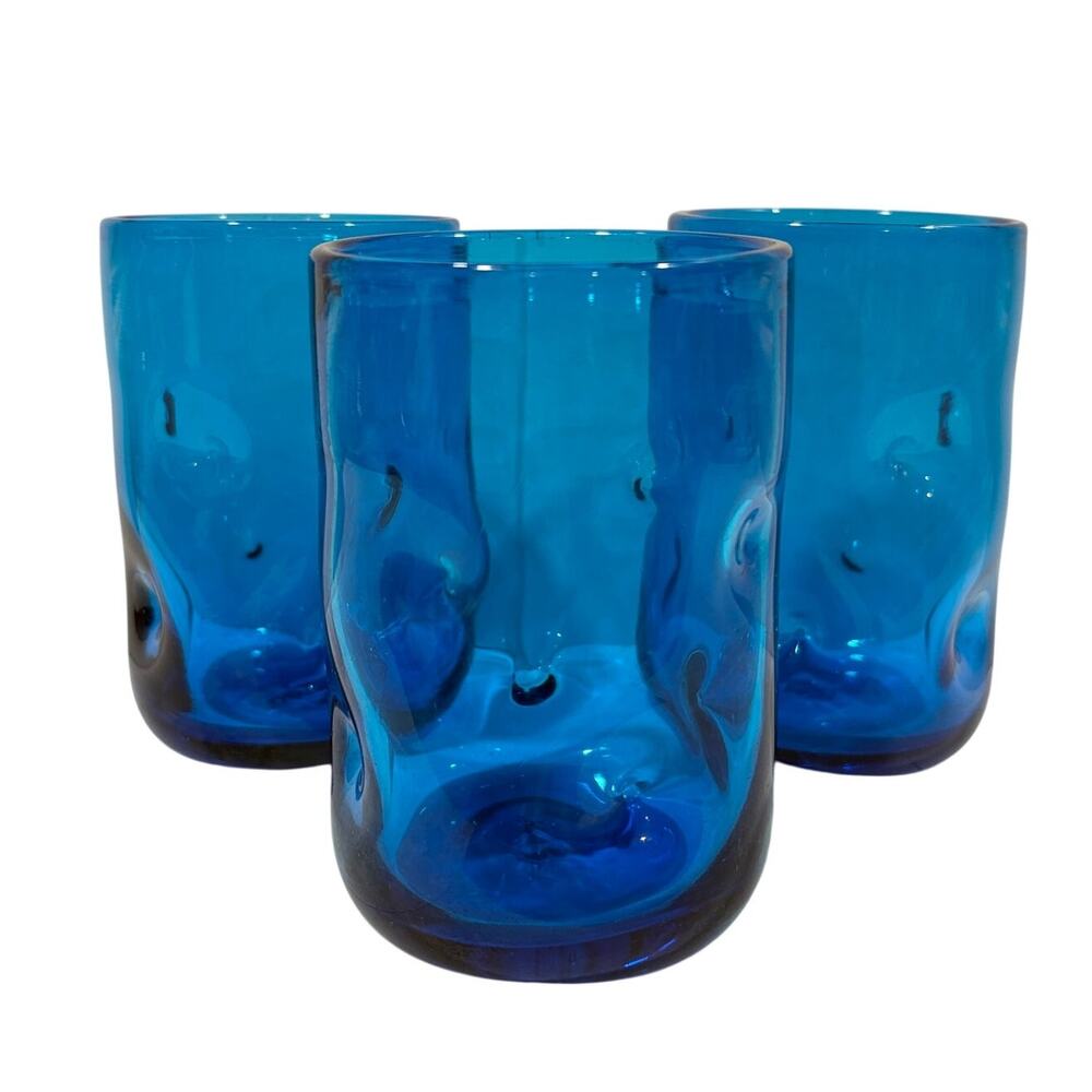 Set of 3 Blenko Tumbler Drinking Glasses Turquoise Blue Pinched Dimpled 4.5 Inch
